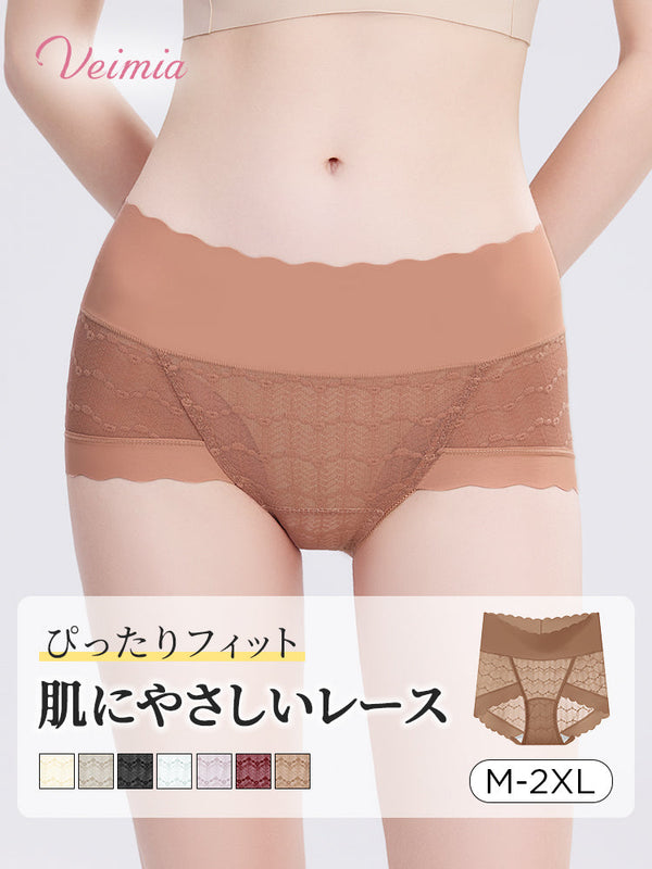 【5枚セットで¥4,980】VEIMIA レースショーツ | 長めの抗菌クロッチで女性のデリケート箇所を守る。肌に優しいレース素材を採用しており、チクチクせずアウターにも響かない！